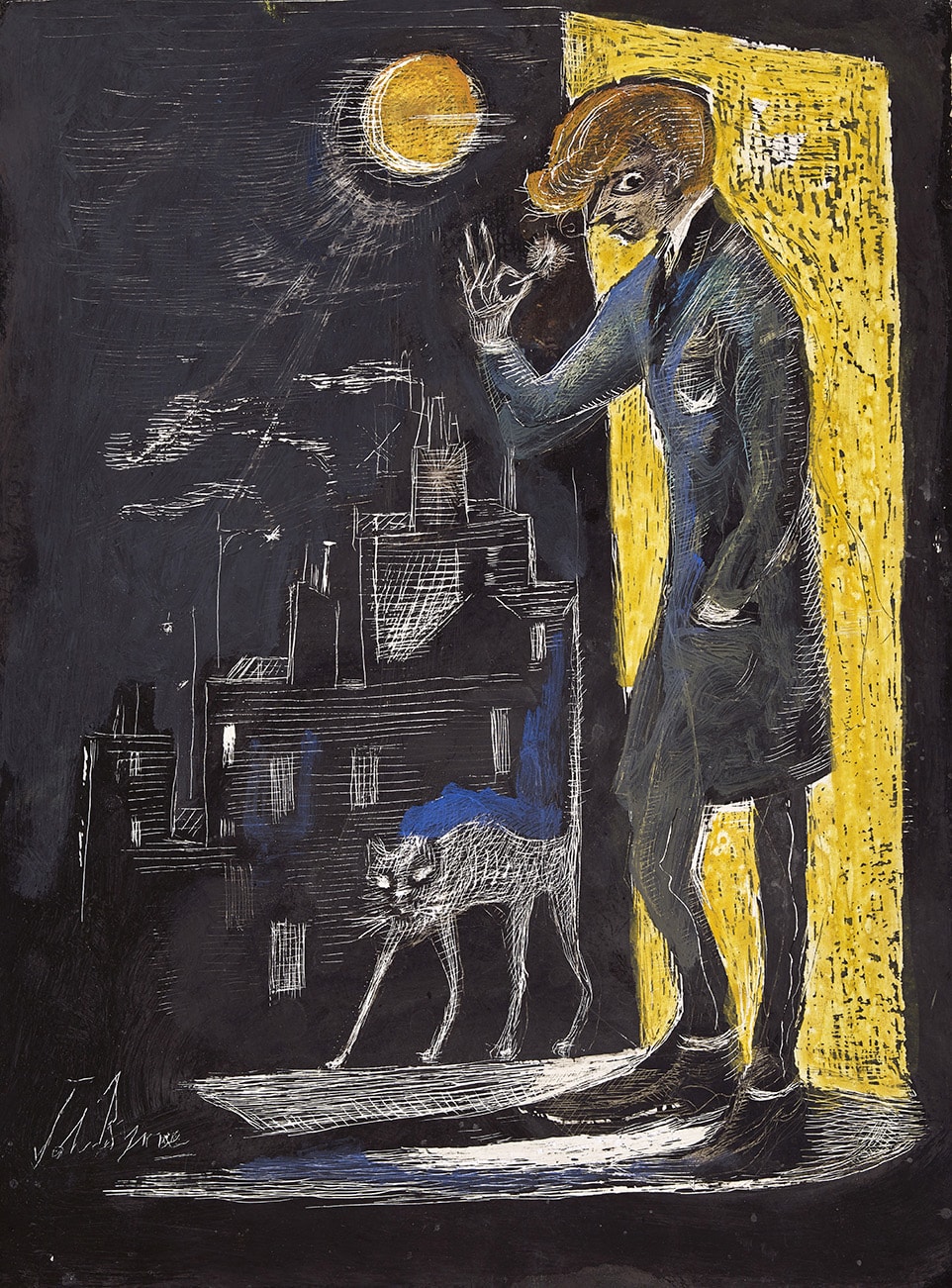 John Byrne RSA, Teddy Boy with Moon and Cat, 2019
