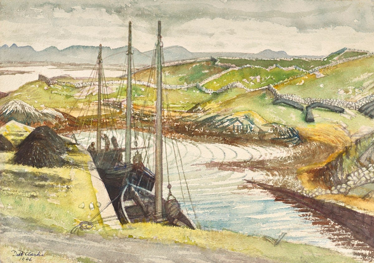 Derek Clarke RSA RSW, Fishing Boats in Harbour, Connemara, 1946