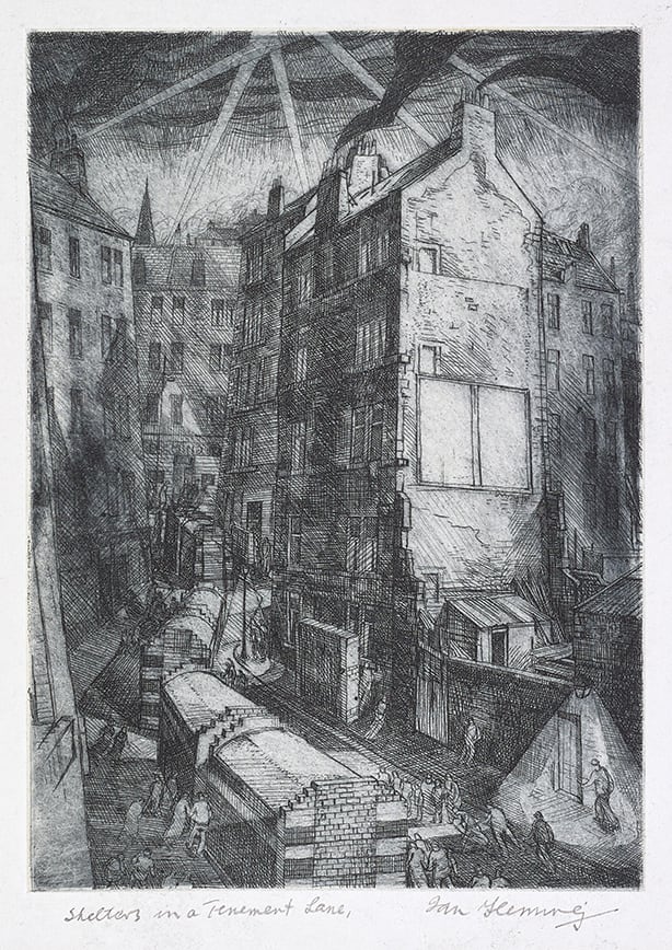 Ian Fleming RSA RSW, Shelters in a tenement lane, 1942