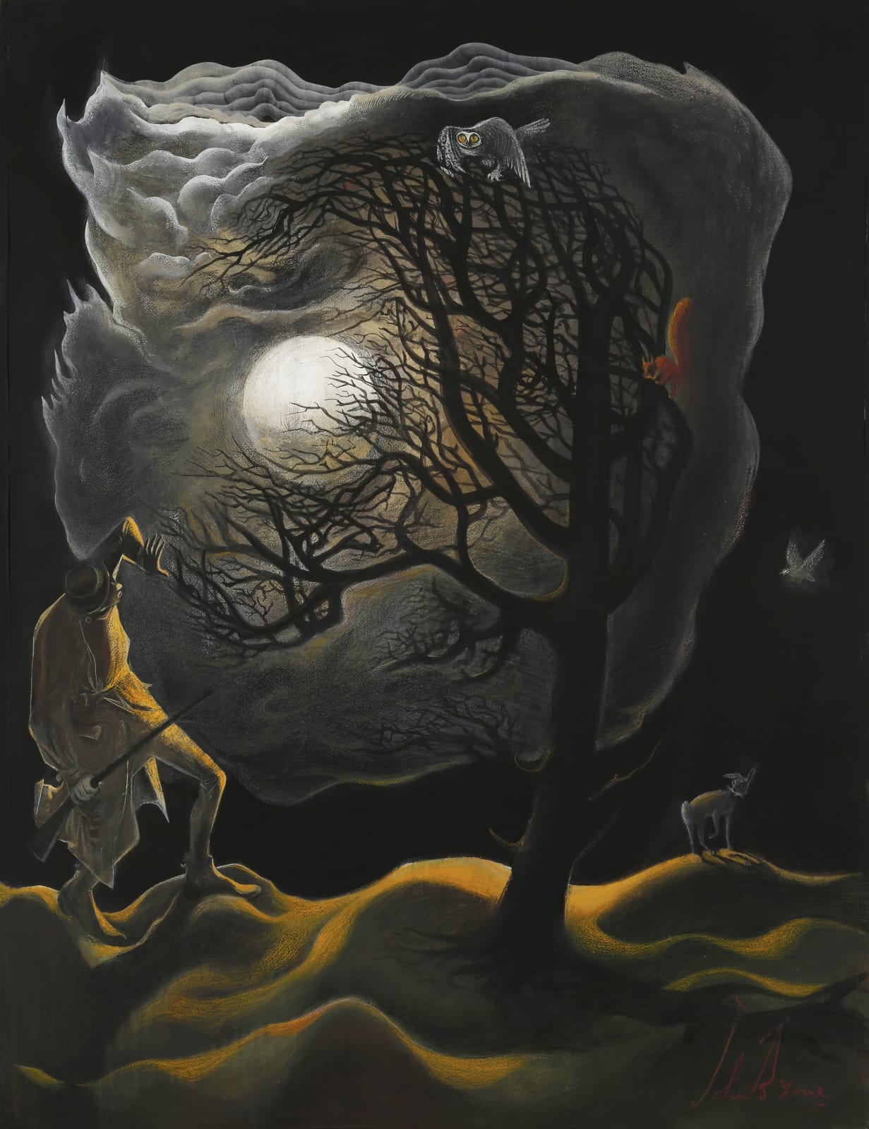 John Byrne RSA, The Huntsman and the Snowy Owl, 2014