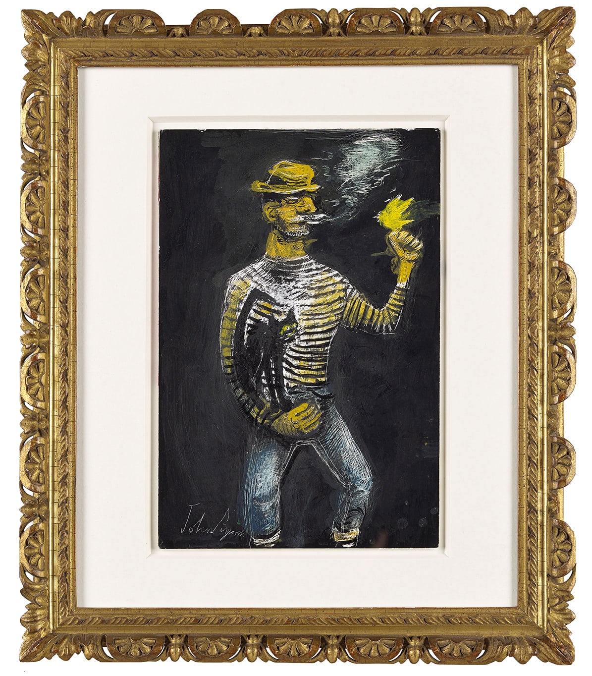 John Byrne RSA, Guy with cat, 2019
