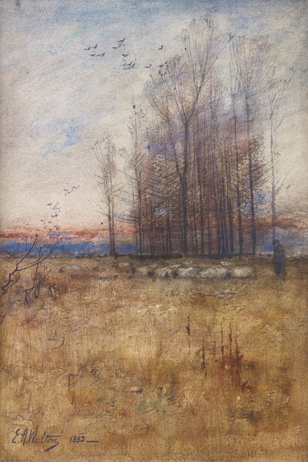 Edward Arthur Walton RSA PRSW, A shepherd and his flock at sunset, 1882