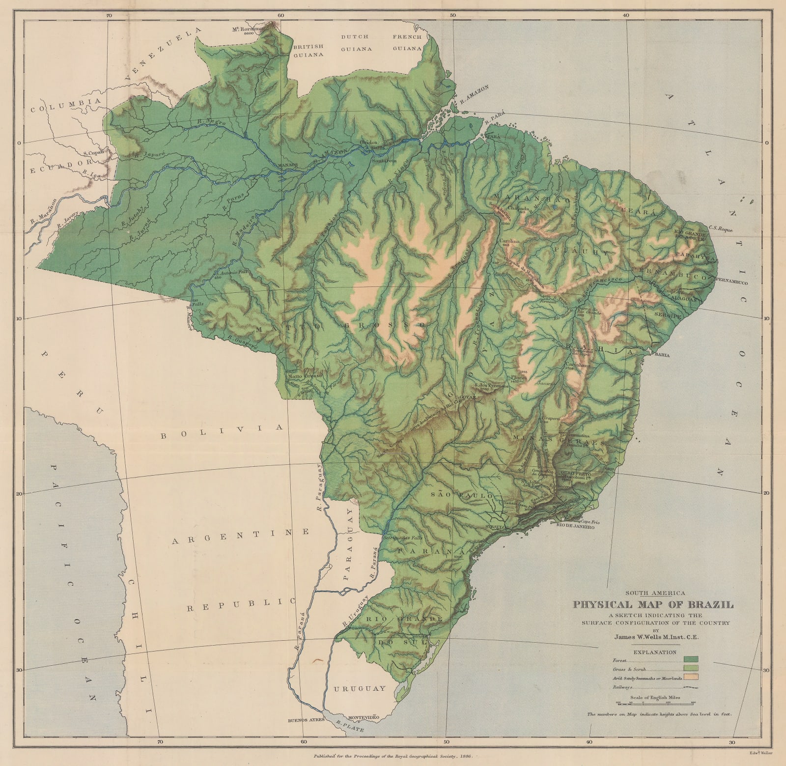 Royal Geographical Society (RGS), Physical Map of Brazil, 1886