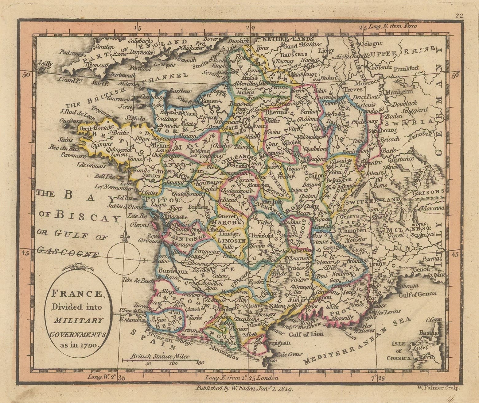 William Faden, France Divided into Military Governments as in 1790, 1819