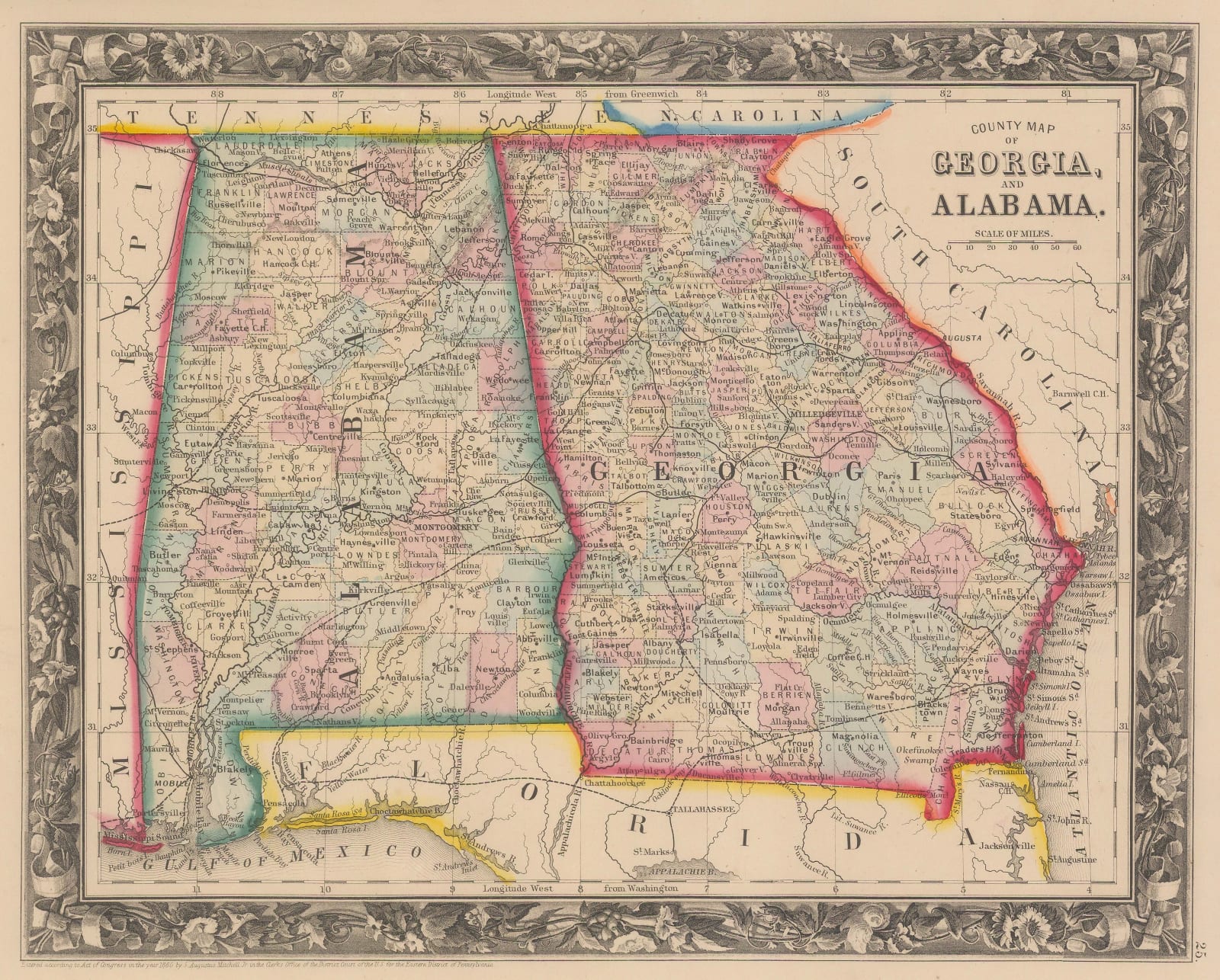 Samuel Augustus Mitchell, County Map of Georgia and Alabama, 1860