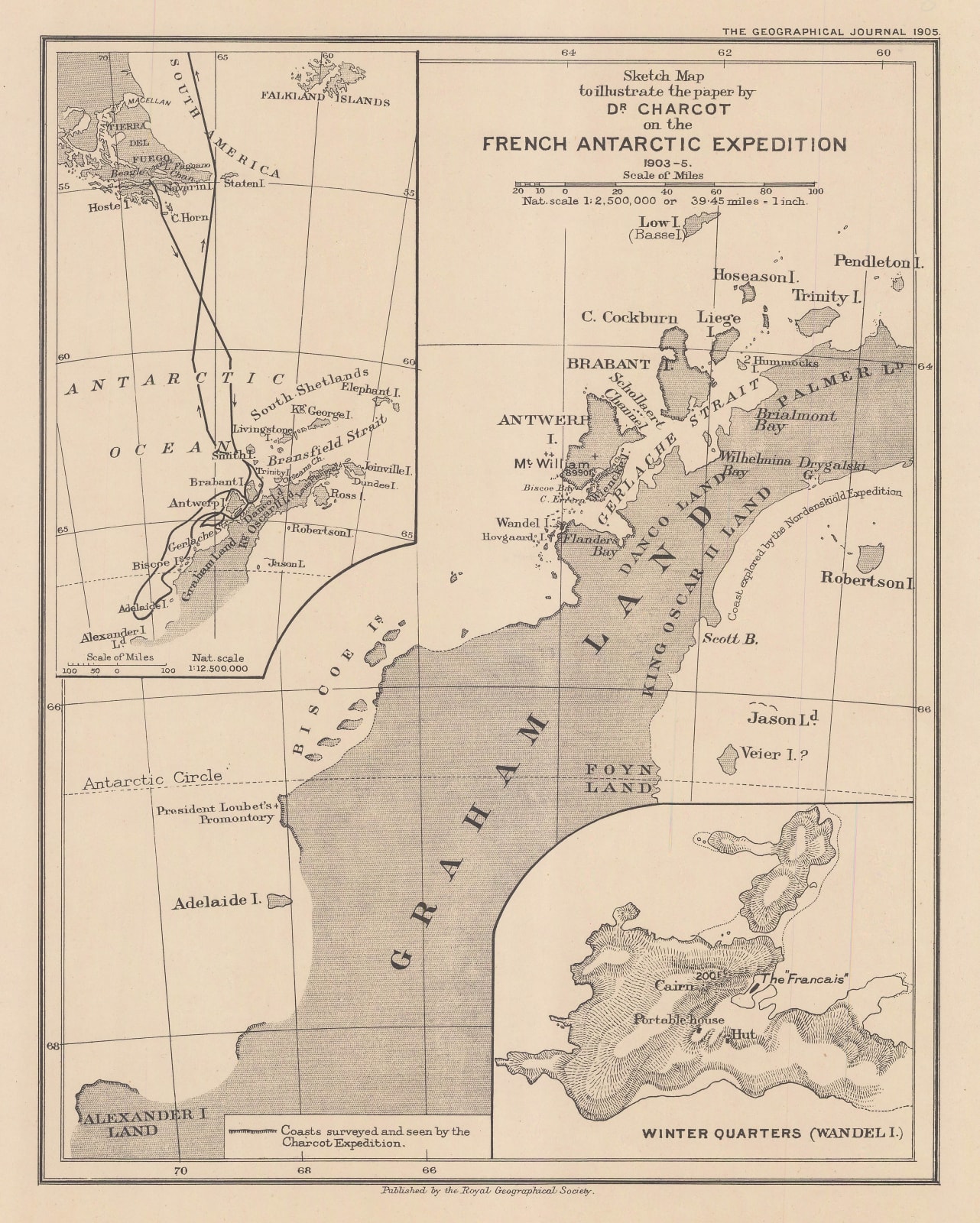 Royal Geographical Society (RGS), Sketch map to Illustrate the paper by Dr. Charcot on the French Antarctic Expedition, 1905