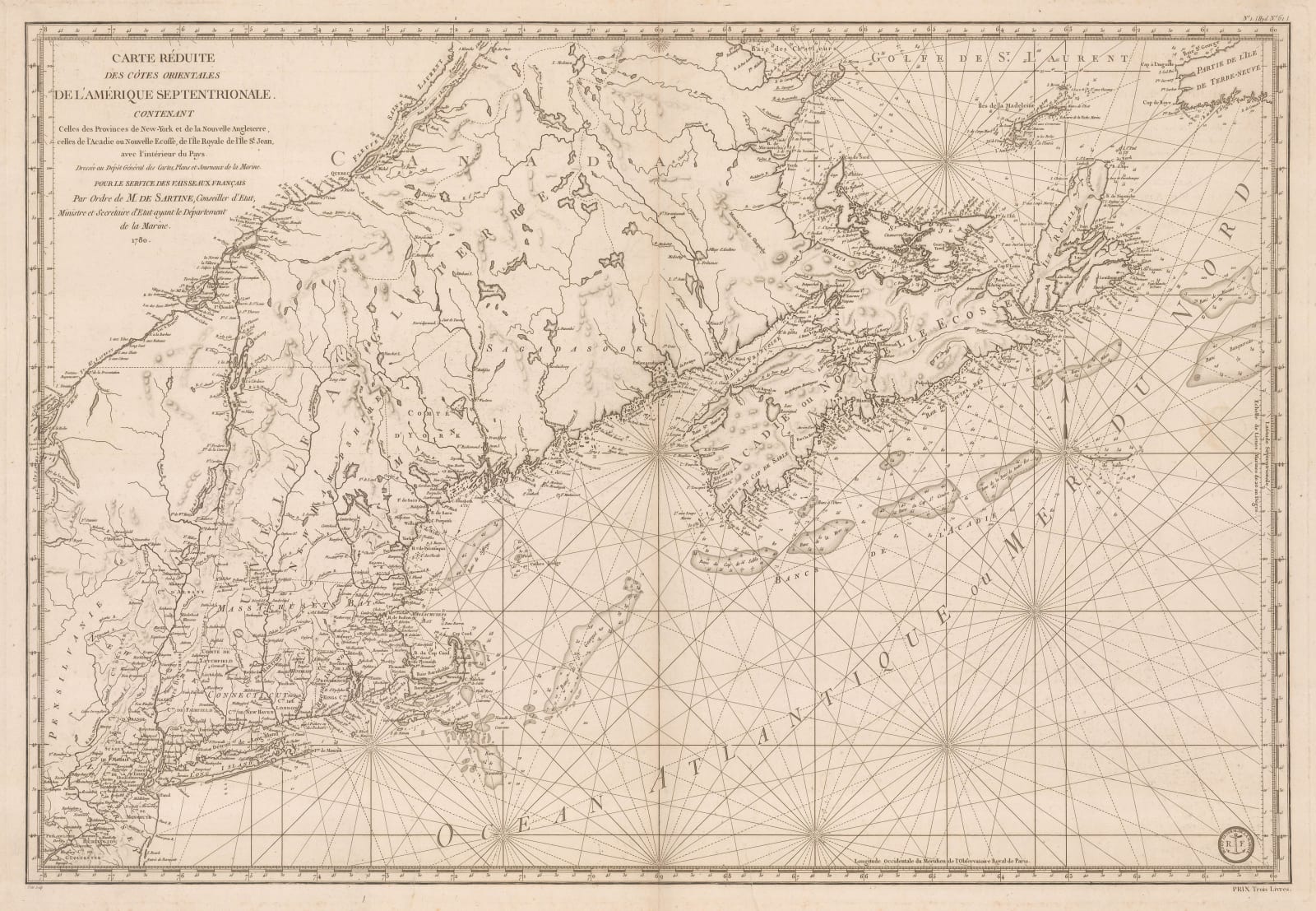 Antoine de Sartine, Important map of the east coast of the United States and Canada, 1792 (c.)