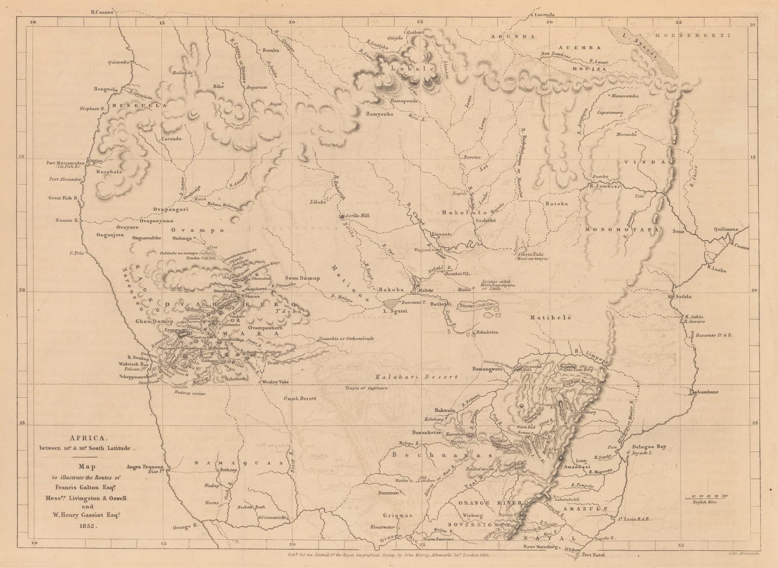 Royal Geographical Society (RGS), Africa between 10 and 30 degree South Latitude. Map to illustrate the routes of Galton. Livingstone, Oswell and Gassiot, 1852