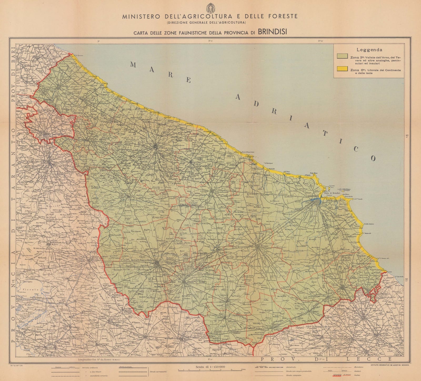 Ministero dell'agricoltura e delle foreste, Carta delle Zone Faunistiche della Provincia di Brindisi, 1930 c.