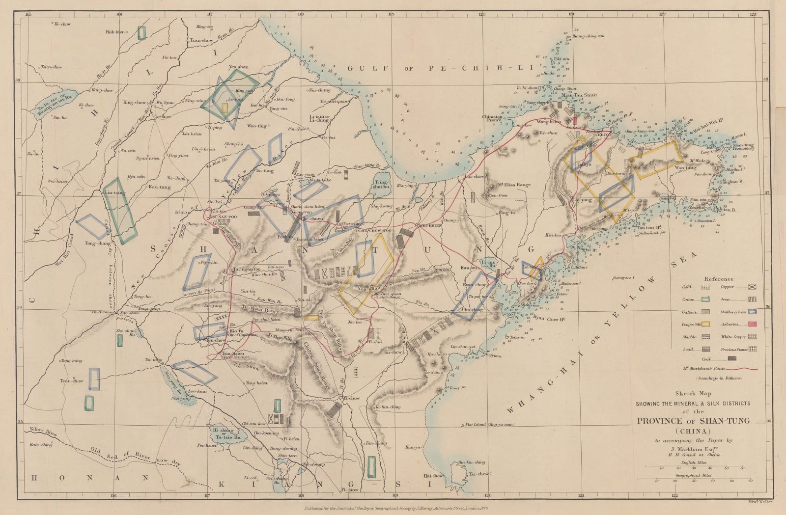 Royal Geographical Society (RGS), Sketch Map Showing the Mineral & Silk Districts of the Province of Shan-Tung (China), 1870