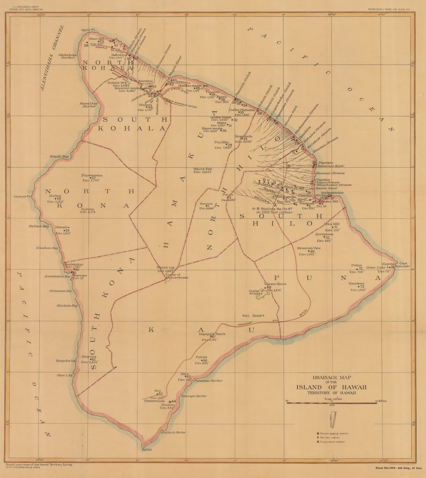United States Geological Survey (USGS), Drainage Map of the Island of Hawaii, 1890 c.