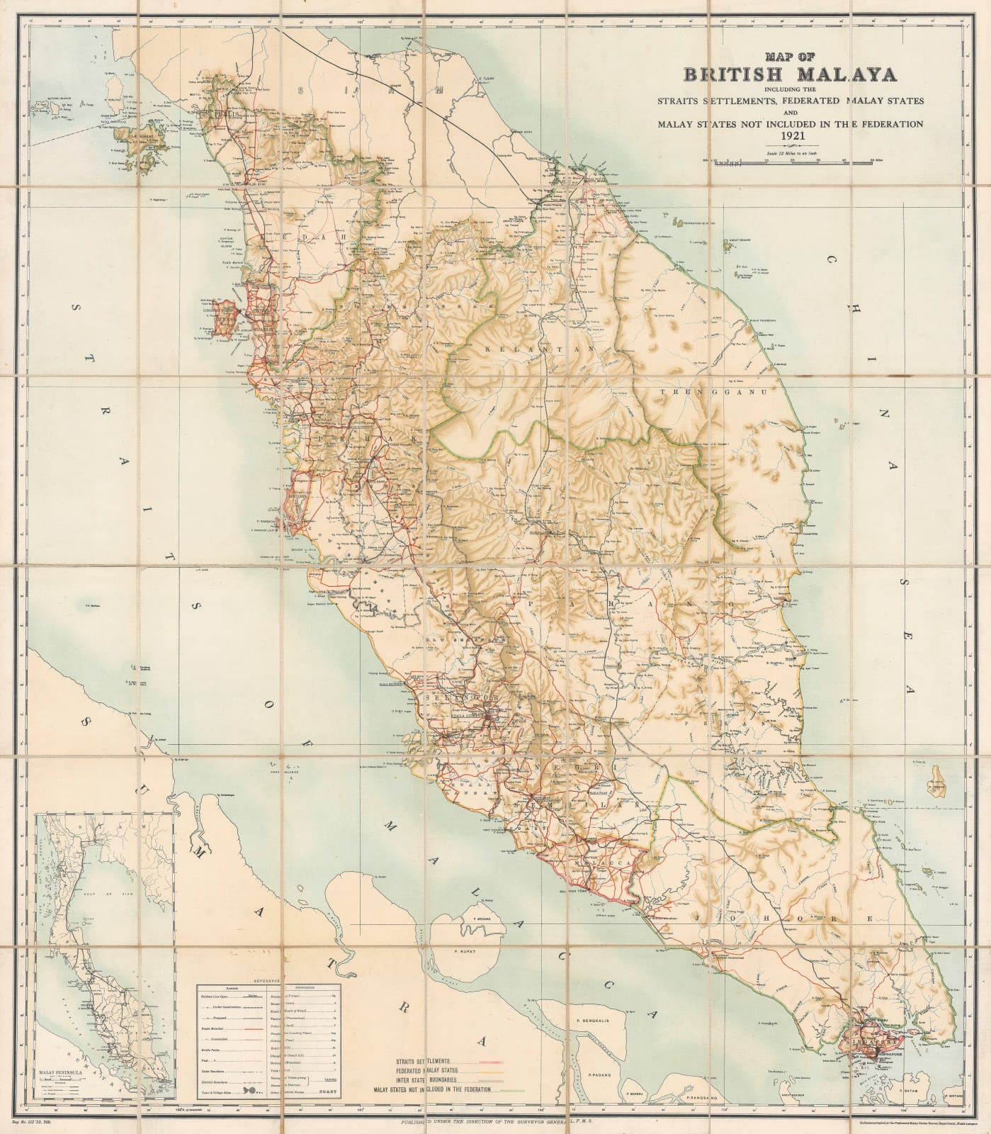 Survey Dept. F.M.S., Wall map of the Malaysian Peninsula and Singapore, 1921