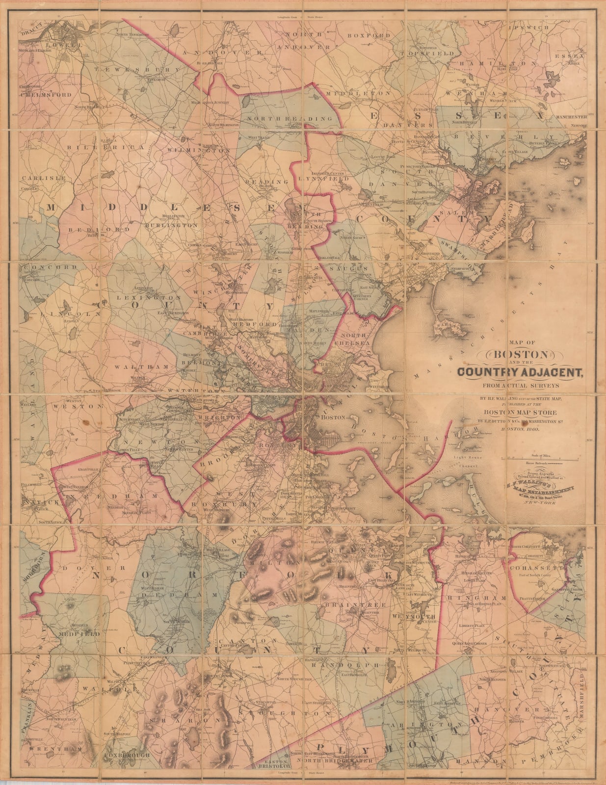 Henry Francis Walling, A New Map of the Vicinity of Boston, 1860