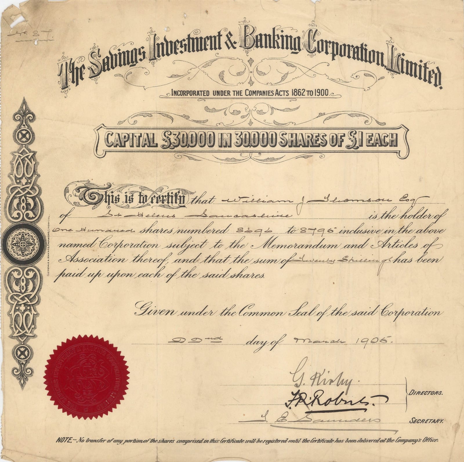 Anonymous, London - Stocks & Bonds - Savings Investment & Banking Corporation, 1905