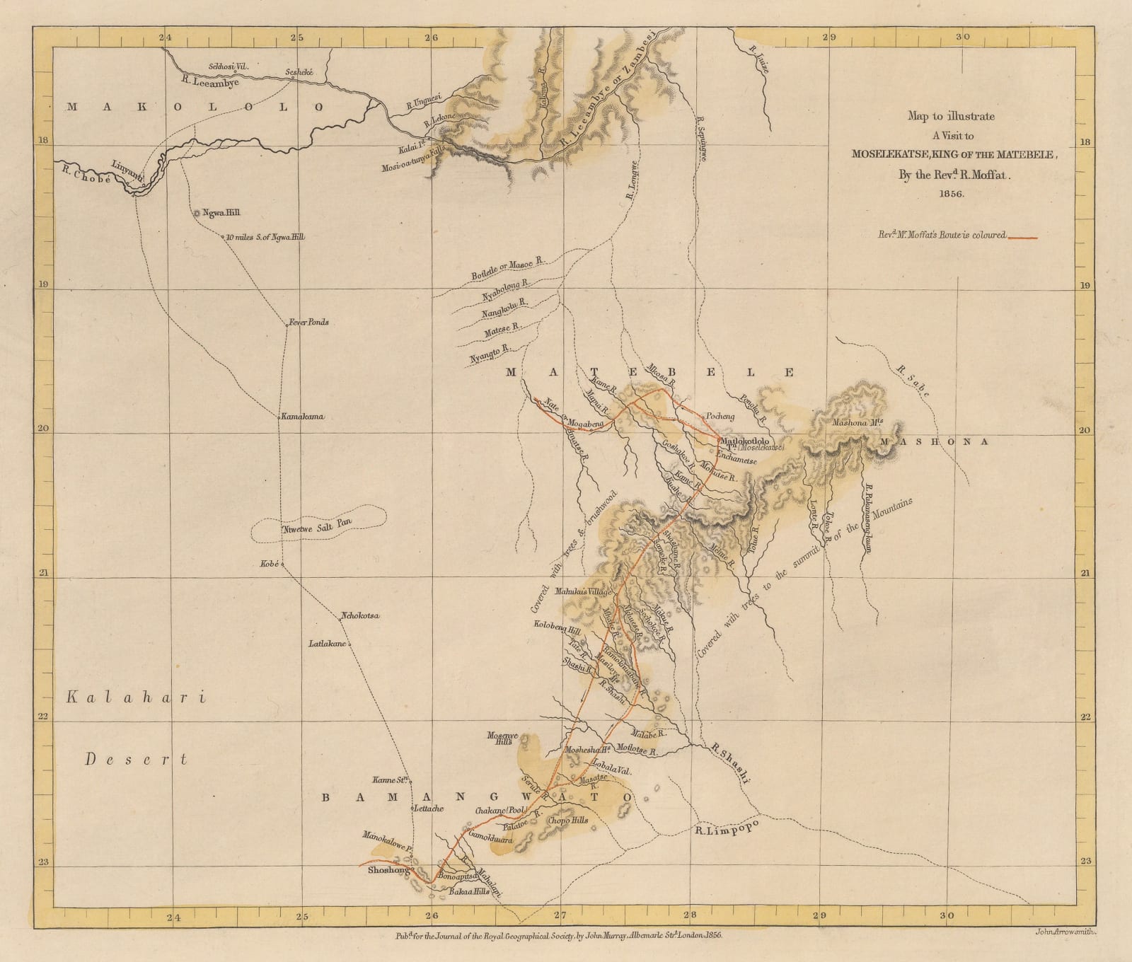 Royal Geographical Society (RGS), Map to illustrate A Visit to Moselekatse, King of the Matebele, 1856