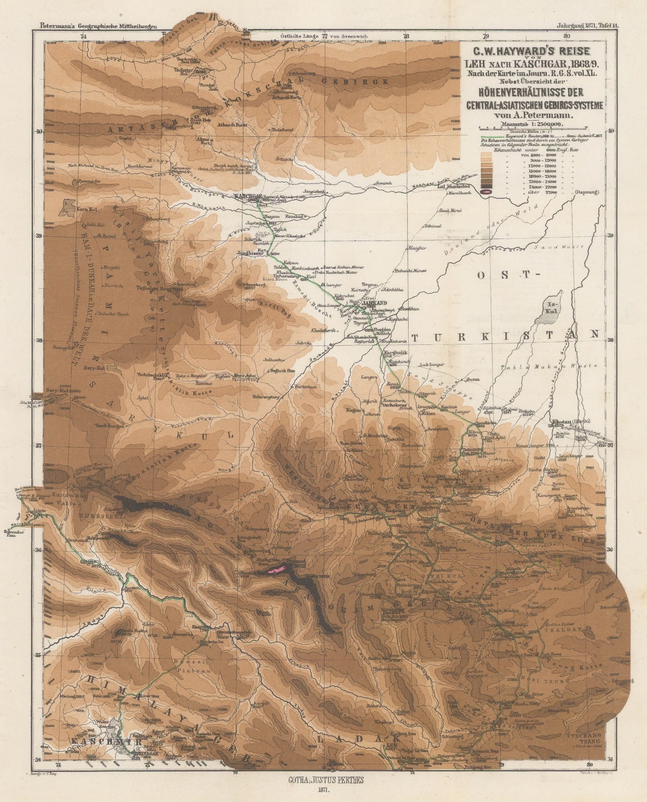 Justus Perthes, G.W. Hayward’s journey from Leh to Kashgar, 1871