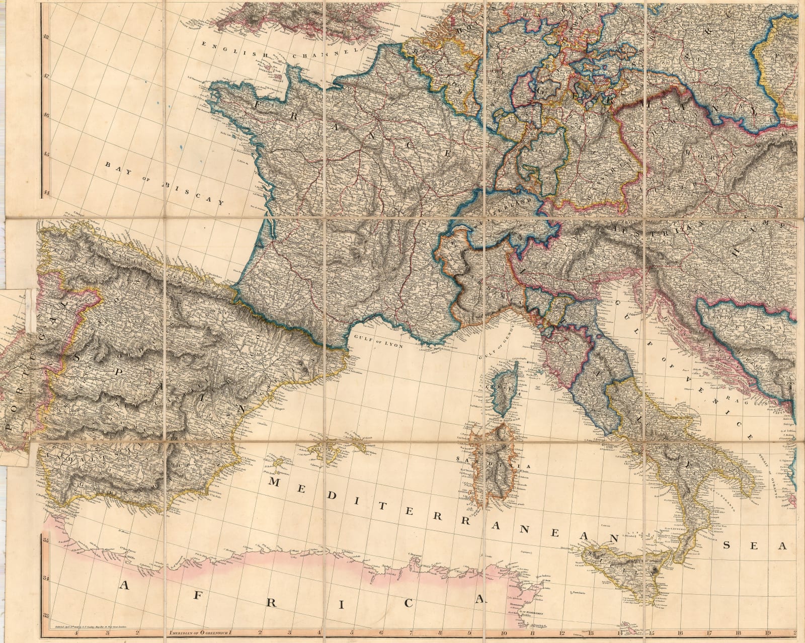 Aaron Arrowsmith, Map Exhibiting the Great Post Roads, Physical and Political Divisions of Europe, 1848