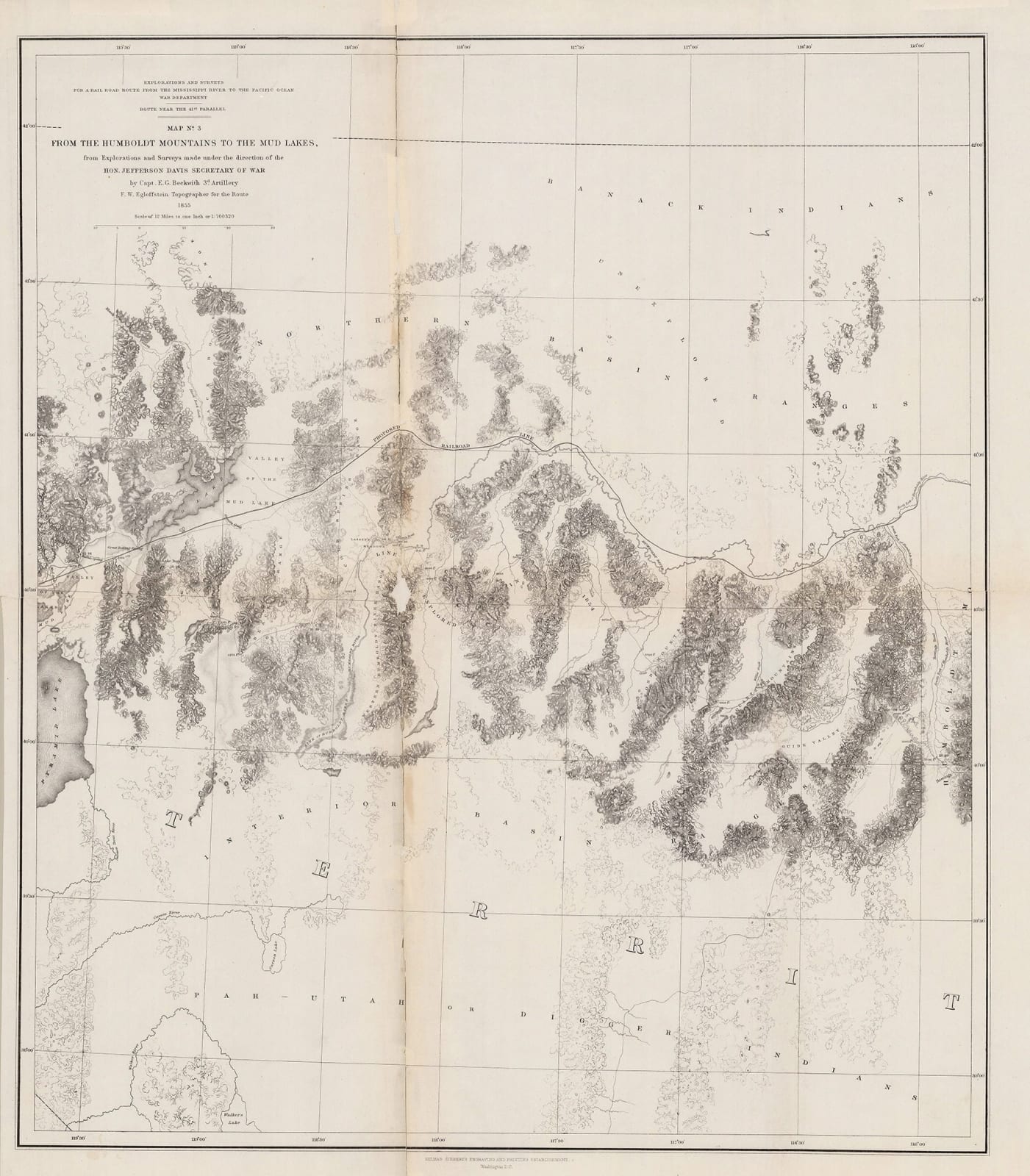 United States Pacific Railroad Expeditions (USPRR), Map No. 3 - From the Humboldt Mountains to the Mud Lakes, 1855