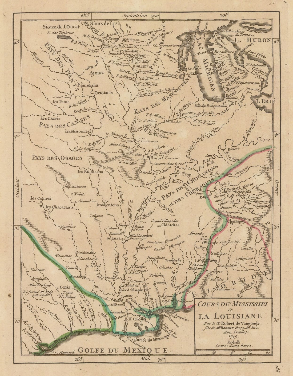 Robert de Vaugondy, French Louisiana and the course of the Mississippi River, 1749