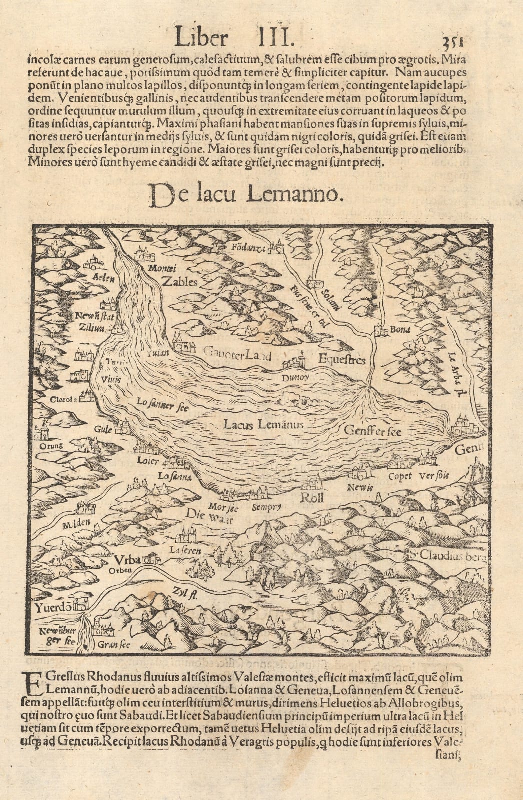 Sebastian Münster, Early woodblock map of Lake Geneva, 1558