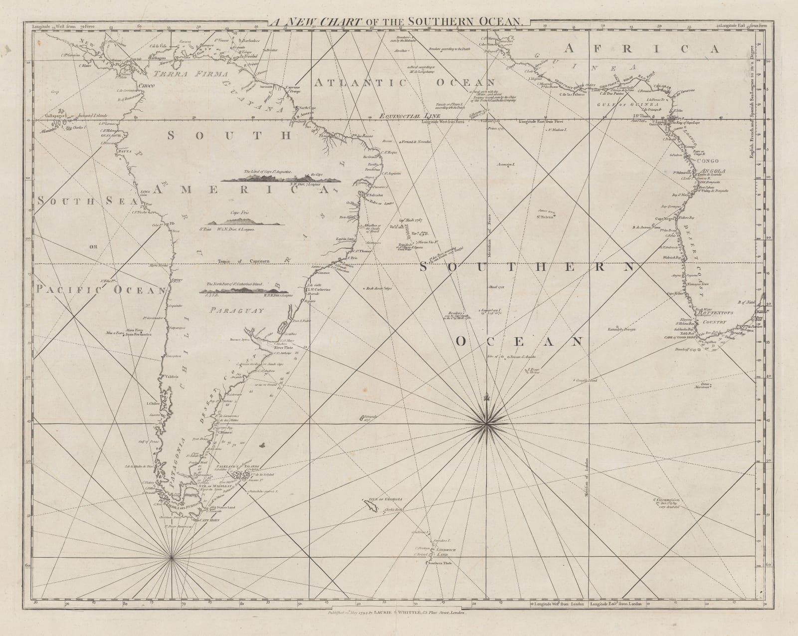 Laurie & Whittle, Chart of the South Atlantic, 1794