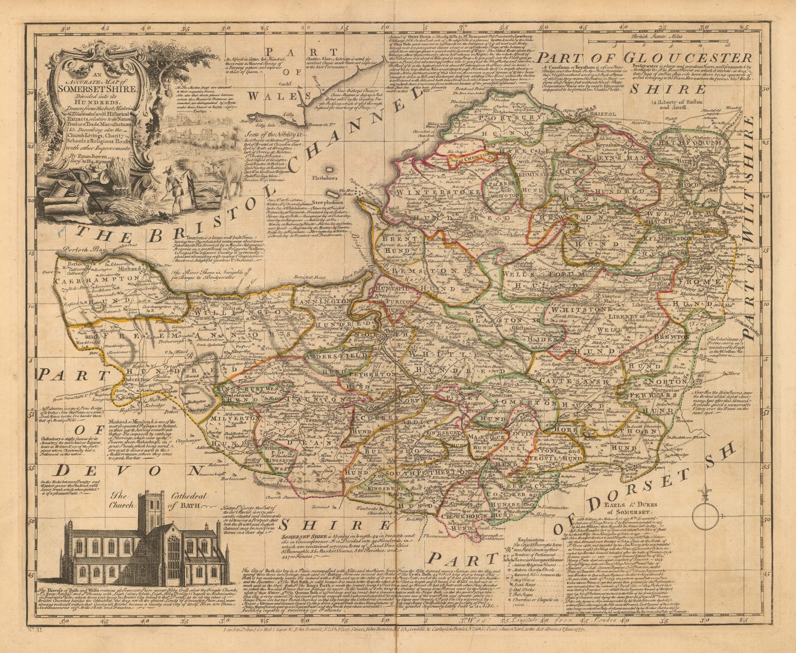 Emanuel Bowen An Accurate Map Of Somersetshire Divided Into Its Hundreds 1777 The Map House 