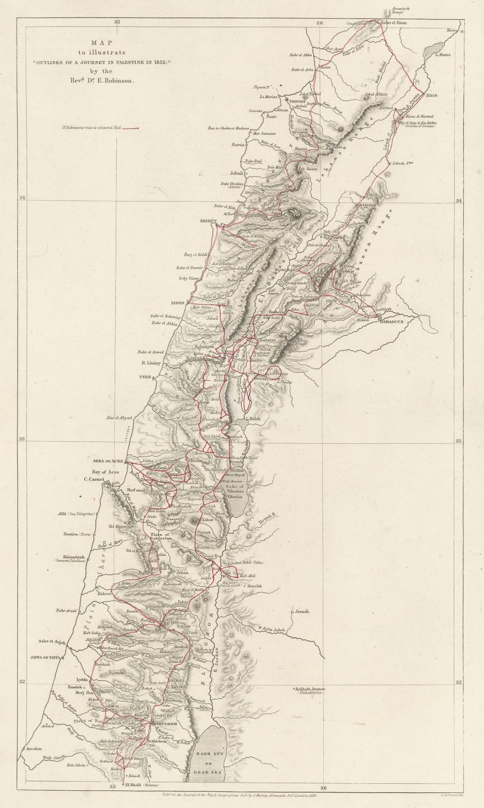 Royal Geographical Society (RGS), Map to Illustrate 'Outlines of a Journey in Palestine in 1852' by Rev. Robinson, 1854
