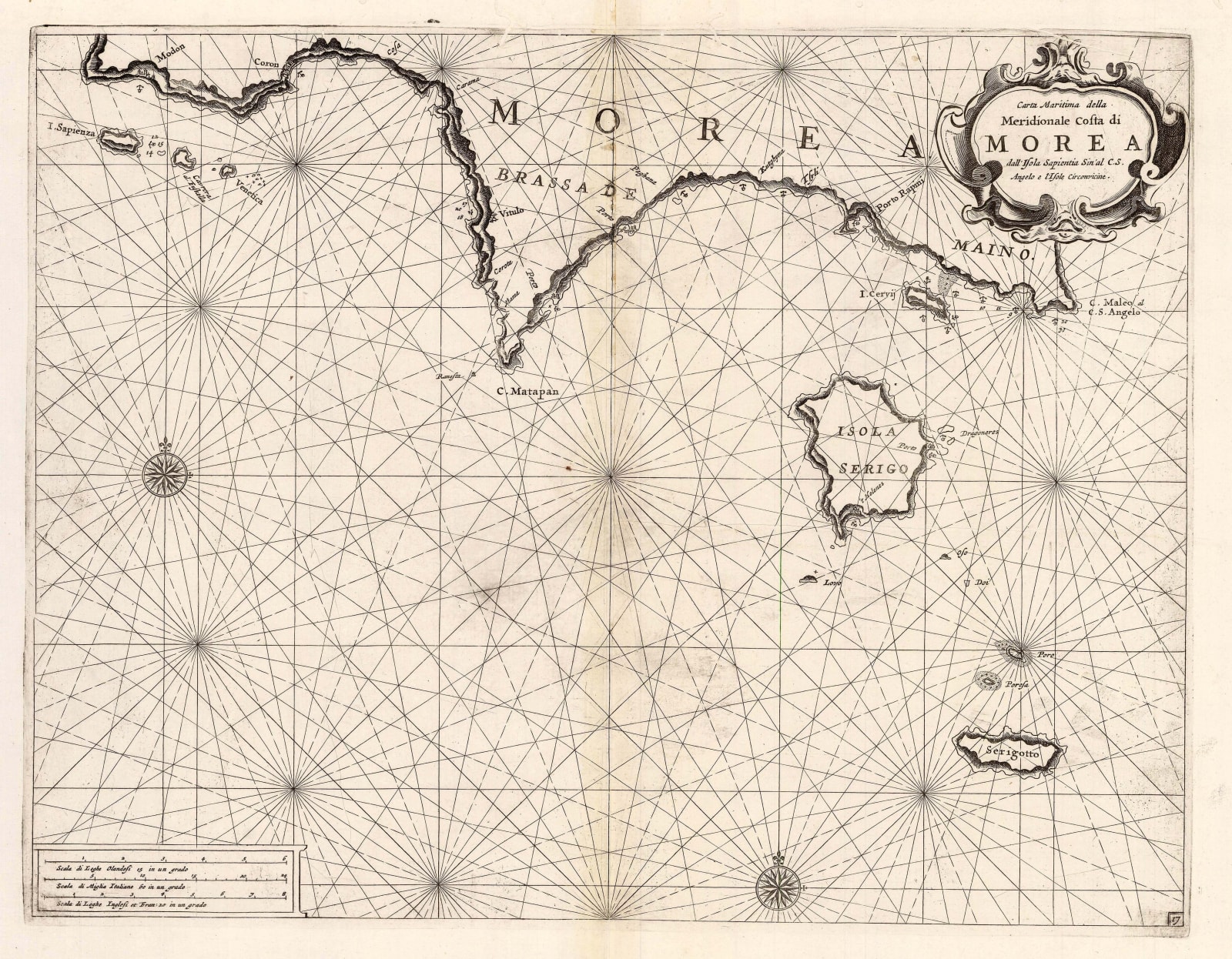 Vincenzo Coronelli, Chart of the southern coast of the Peloponnese, 1696