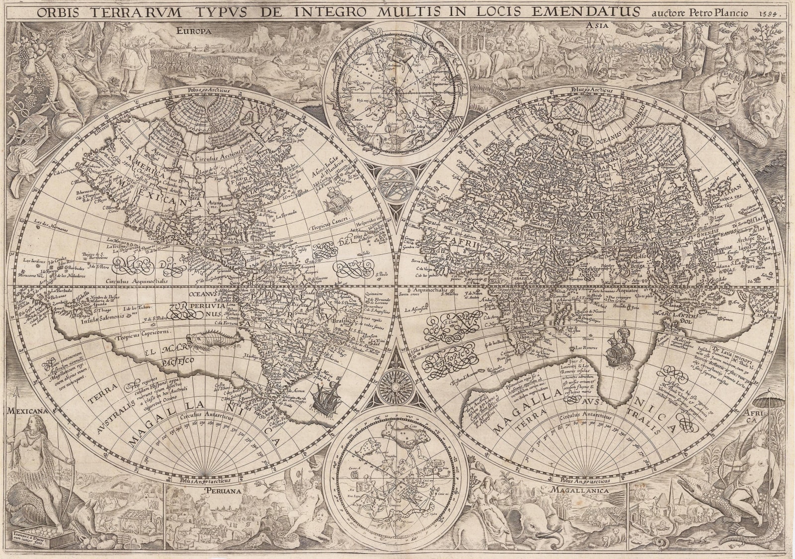 Petrus Plancius, Orbis Terrarum Typus de Integro Multis in Locis Emendatus, 1599 c.