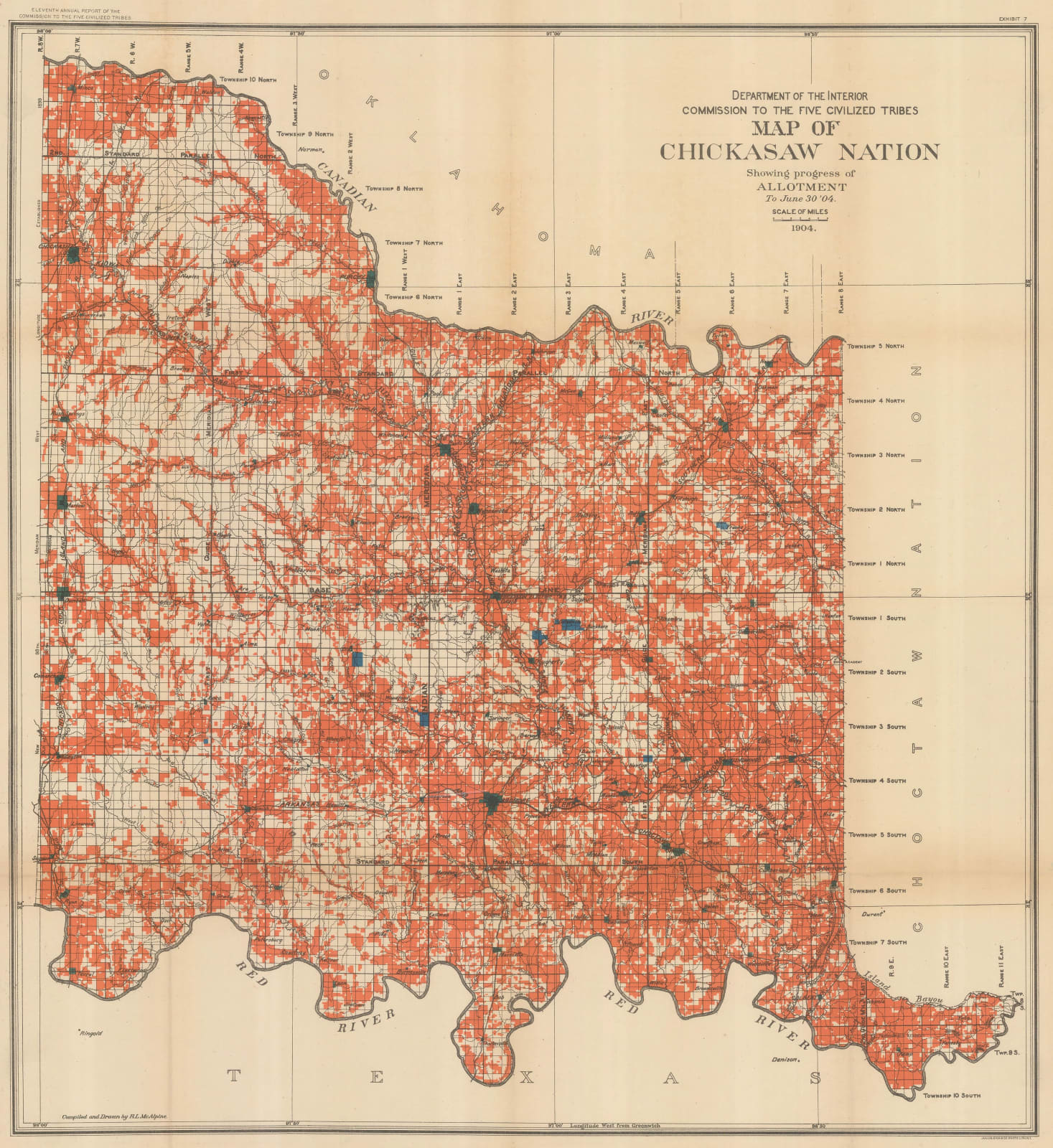 Dawes Commission, Map of Chickasaw Nation Showing progress of Allotment, 1904