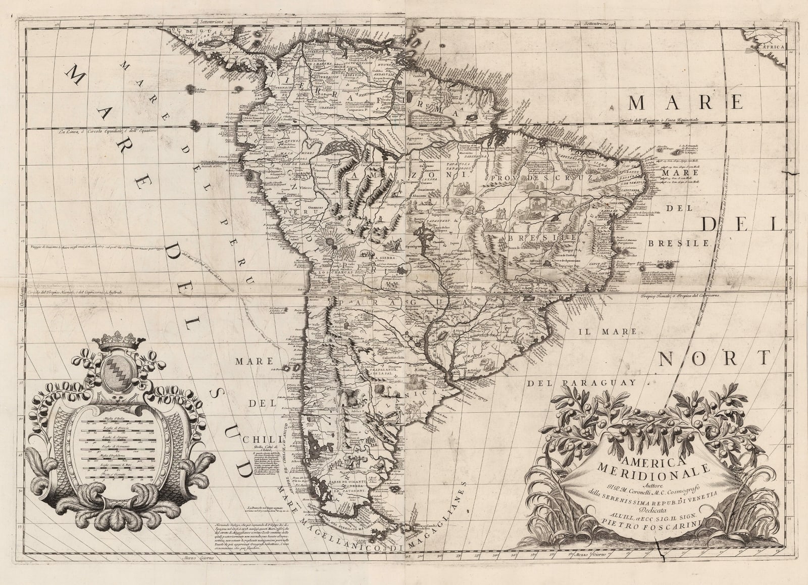 Vincenzo Coronelli, Ornate map of South America, 1692