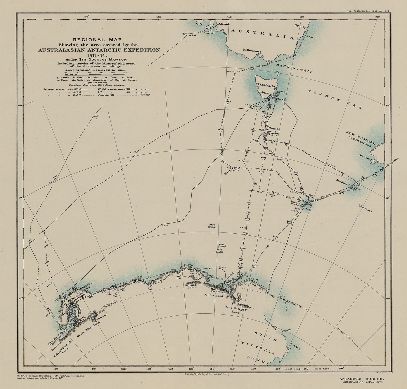 Royal Geographical Society (RGS), Regional Map Showing the Area Covered by the Australasian Antarctic Expedition, 1914