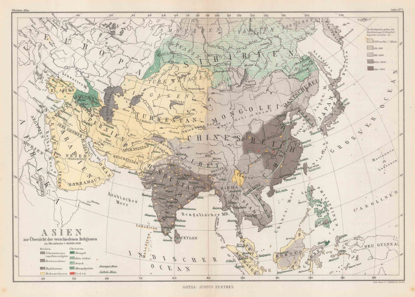 Justus Perthes, Asia with religious divisions, 1869