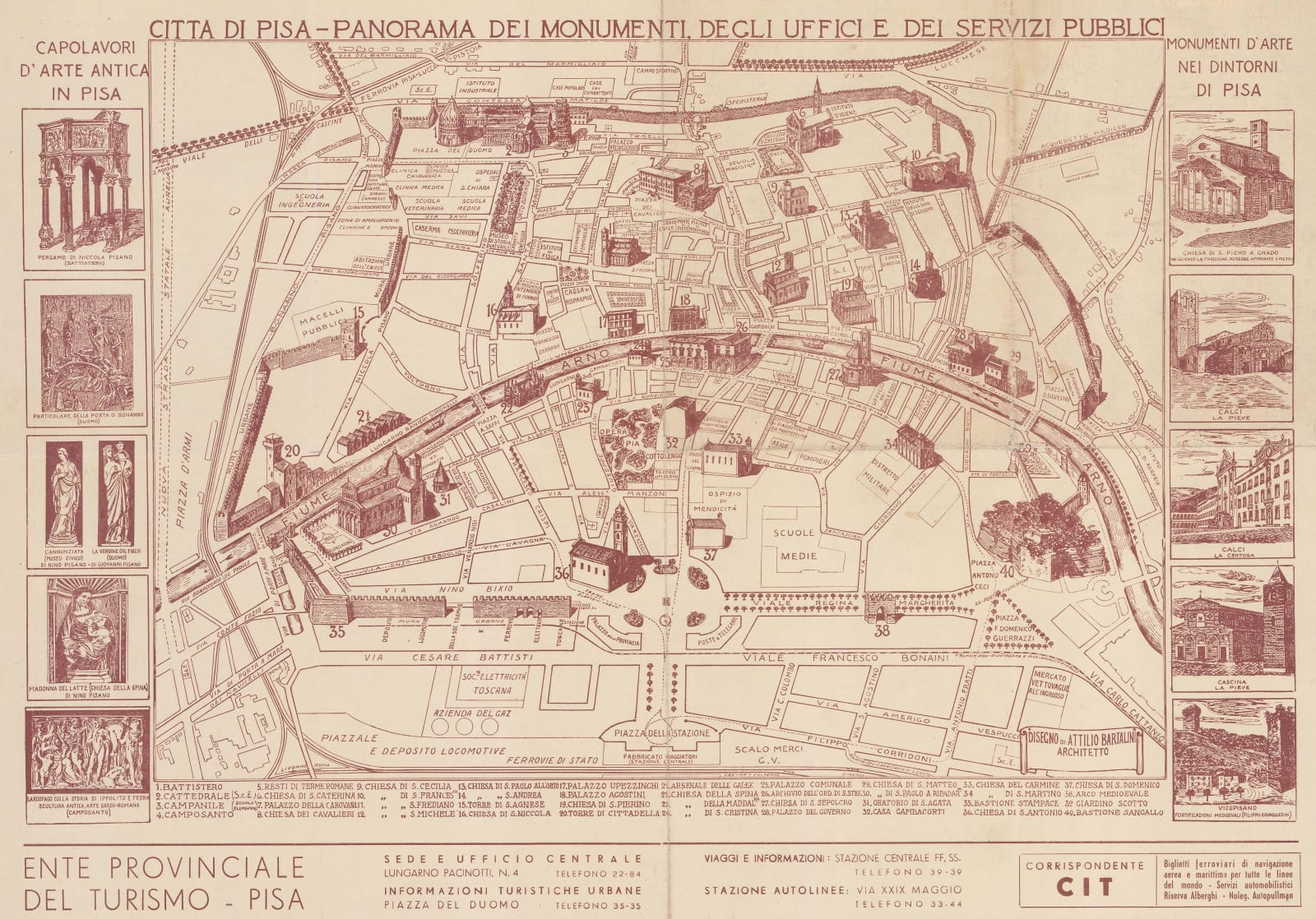 V. Lischi, Vintage pictorial map of Pisa, 1950 c.