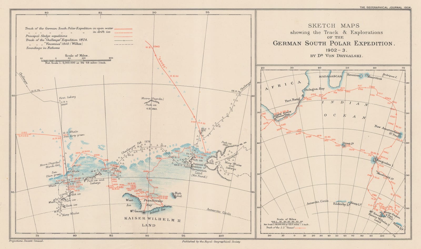 Royal Geographical Society (RGS), Sketch Maps Showing the Track & Expeditions of the German South Polar Expedition 1902-3, 1904