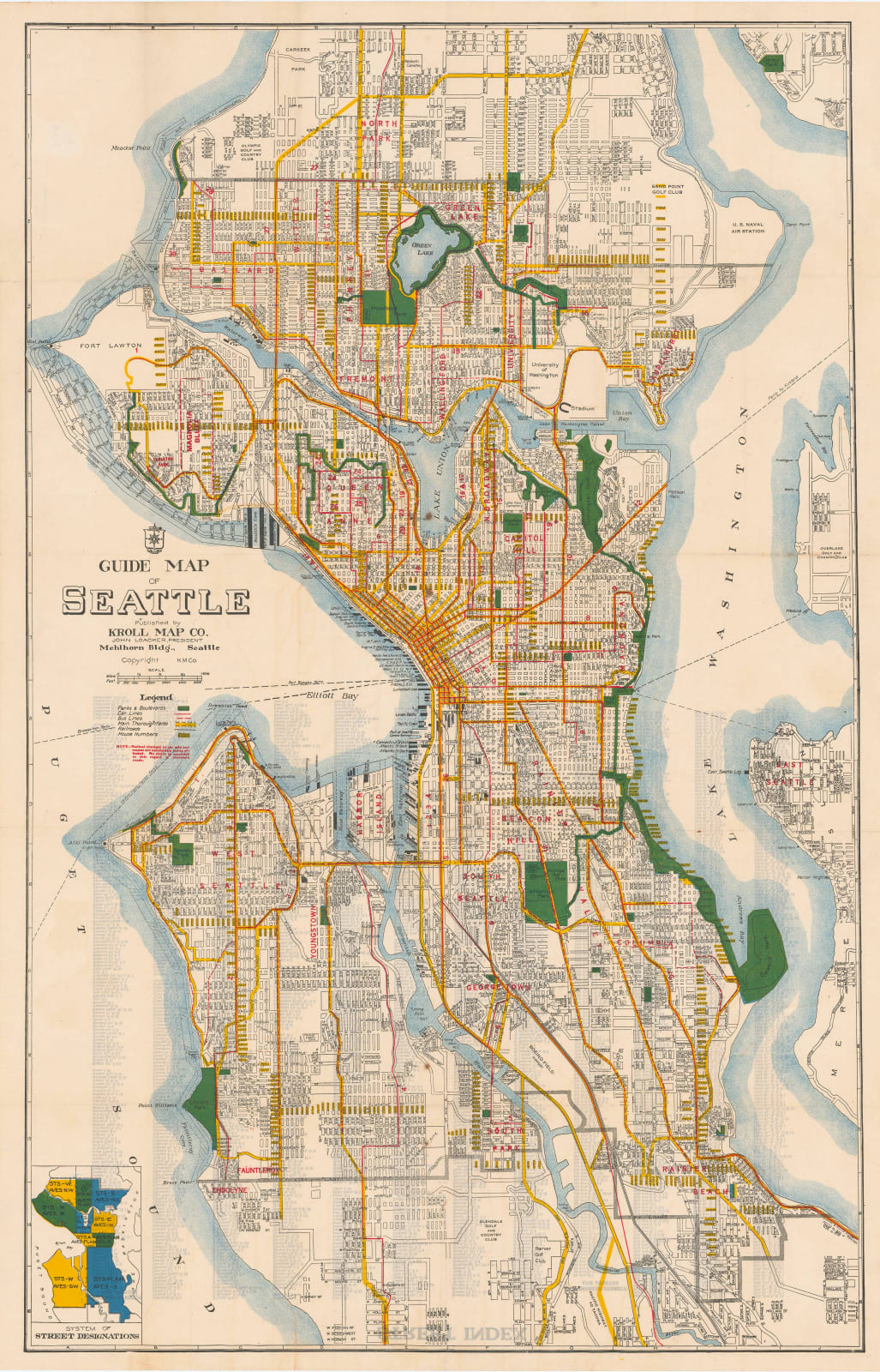 Kroll Map Co., Guide Map to Seattle, 1930 c.