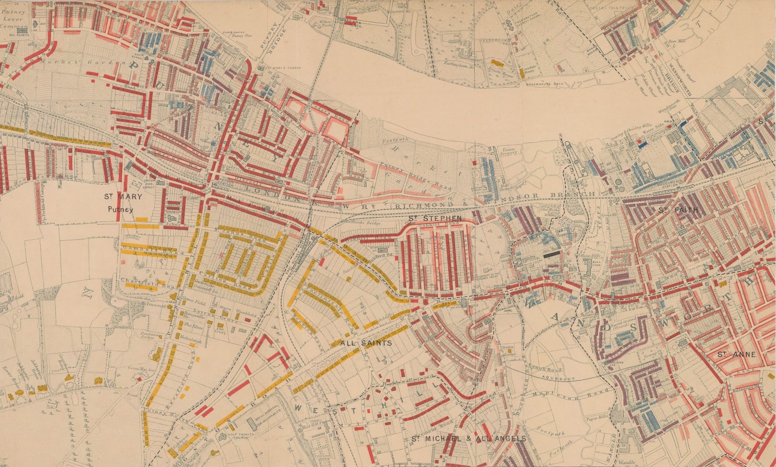 Charles Booth, Putney & Wandsworth Poverty Map, 1890 c.