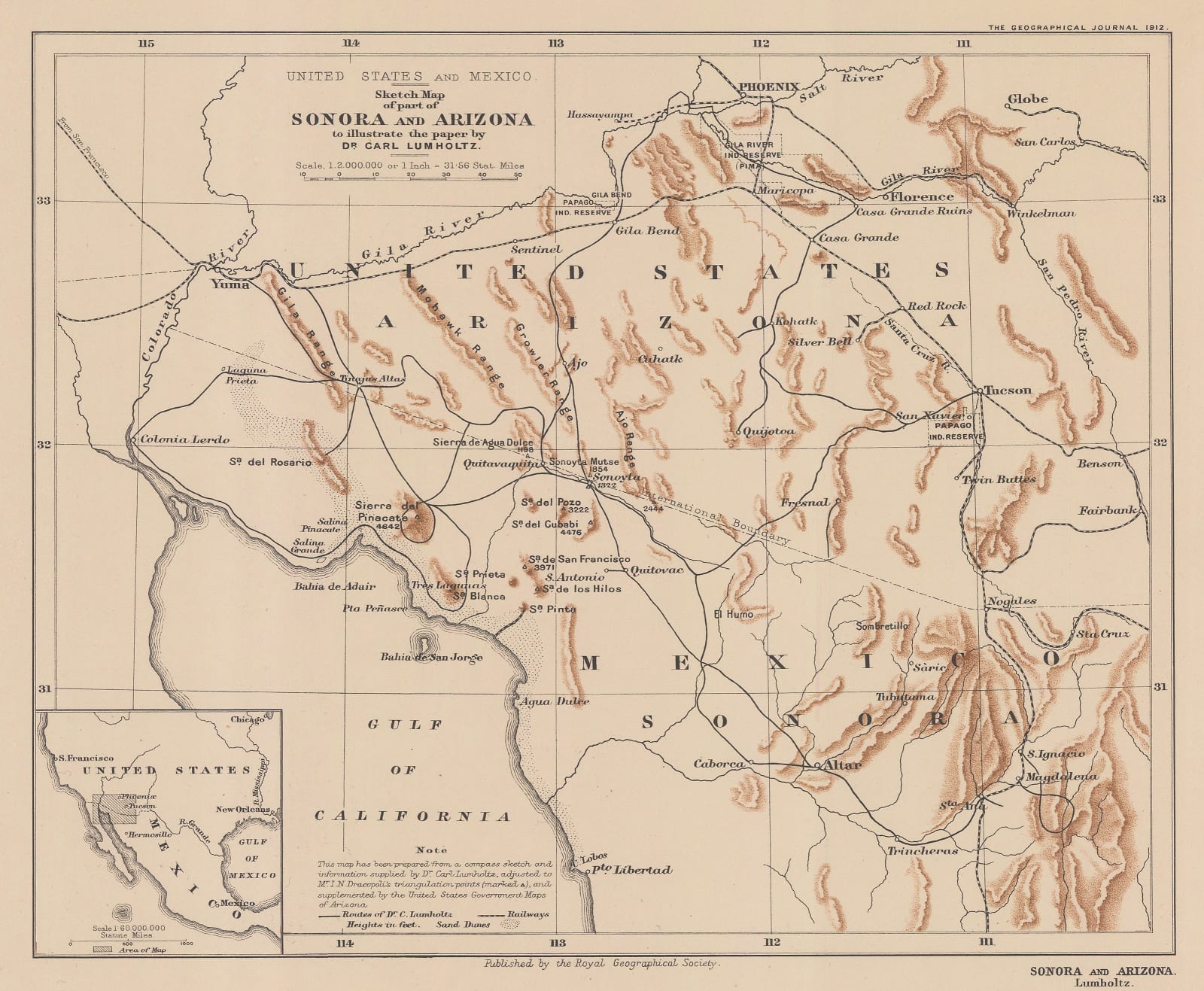 Royal Geographical Society (RGS), United States and Mexico - Sketch Map of part of Sonora and Arizona, 1912
