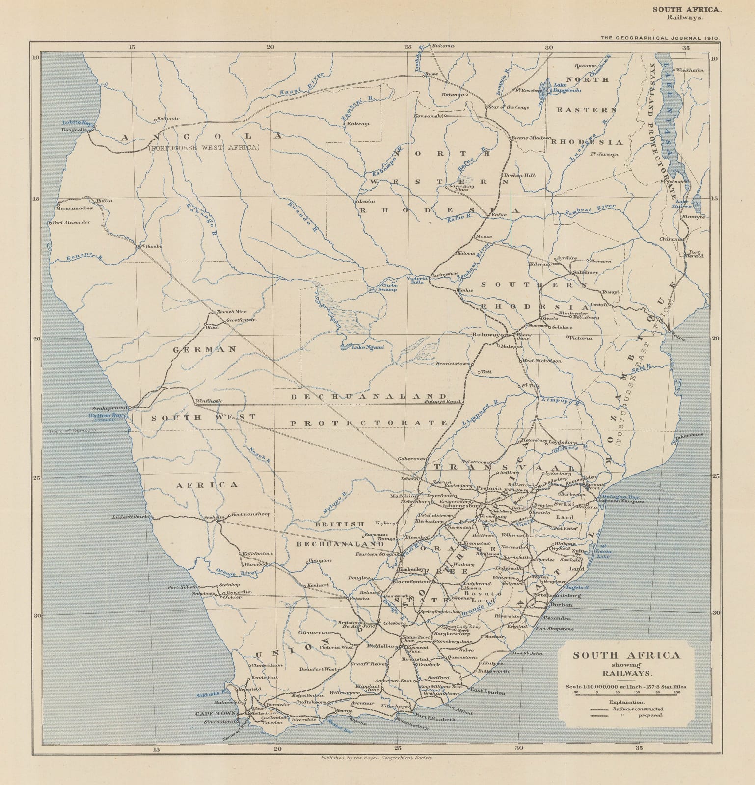Royal Geographical Society (RGS), South Africa showing Railways, 1910