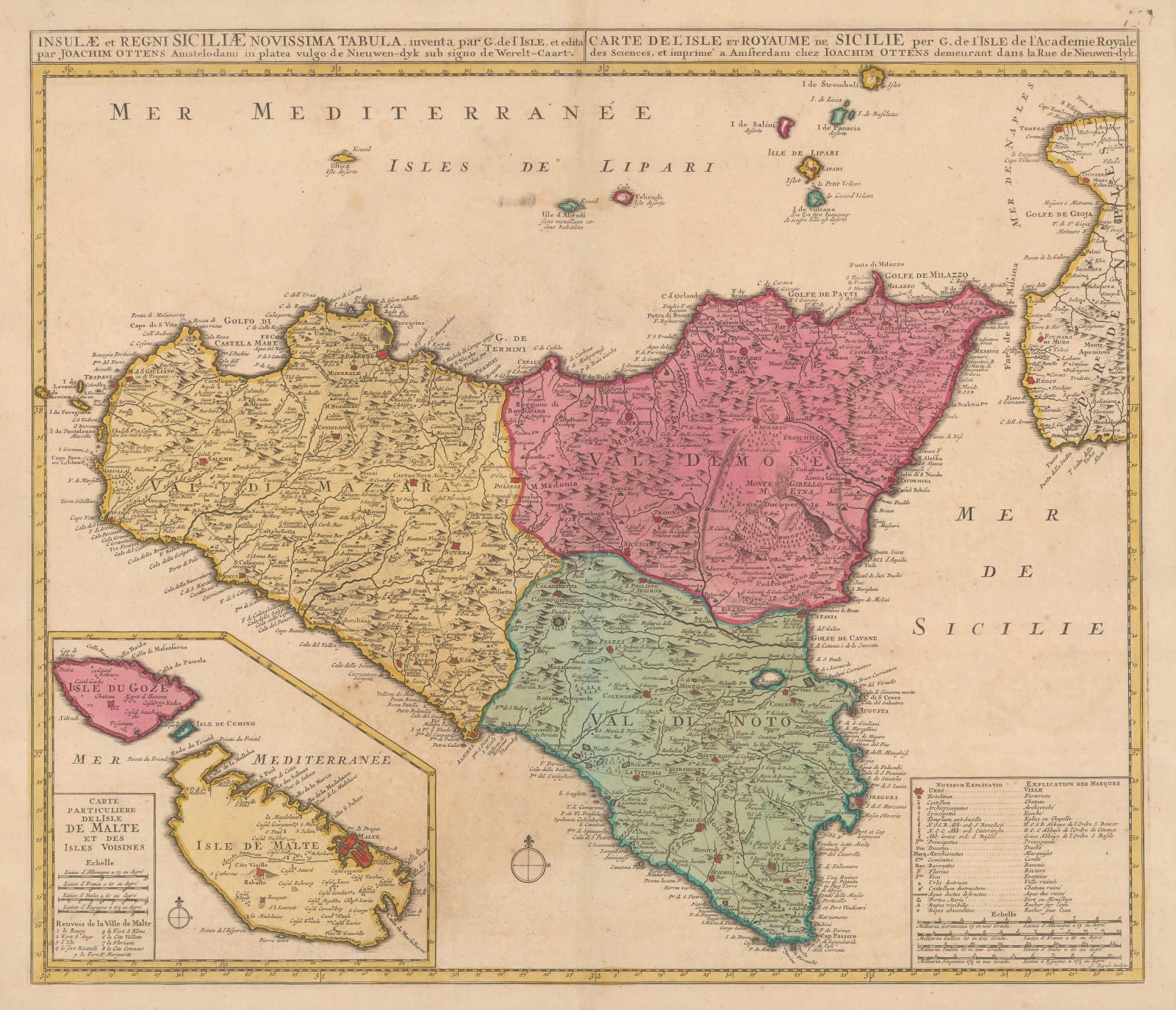 Josua & Reinier Ottens, Sicily divided into regions, 1730 c.