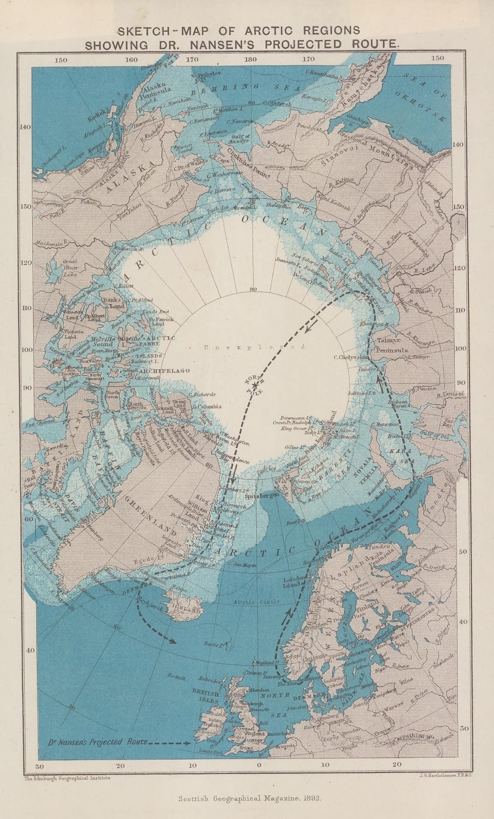 Scottish Geographical Society (SGS), Sketch Map of Arctic Regions Showing Dr. Nansen's Projected Route, 1892