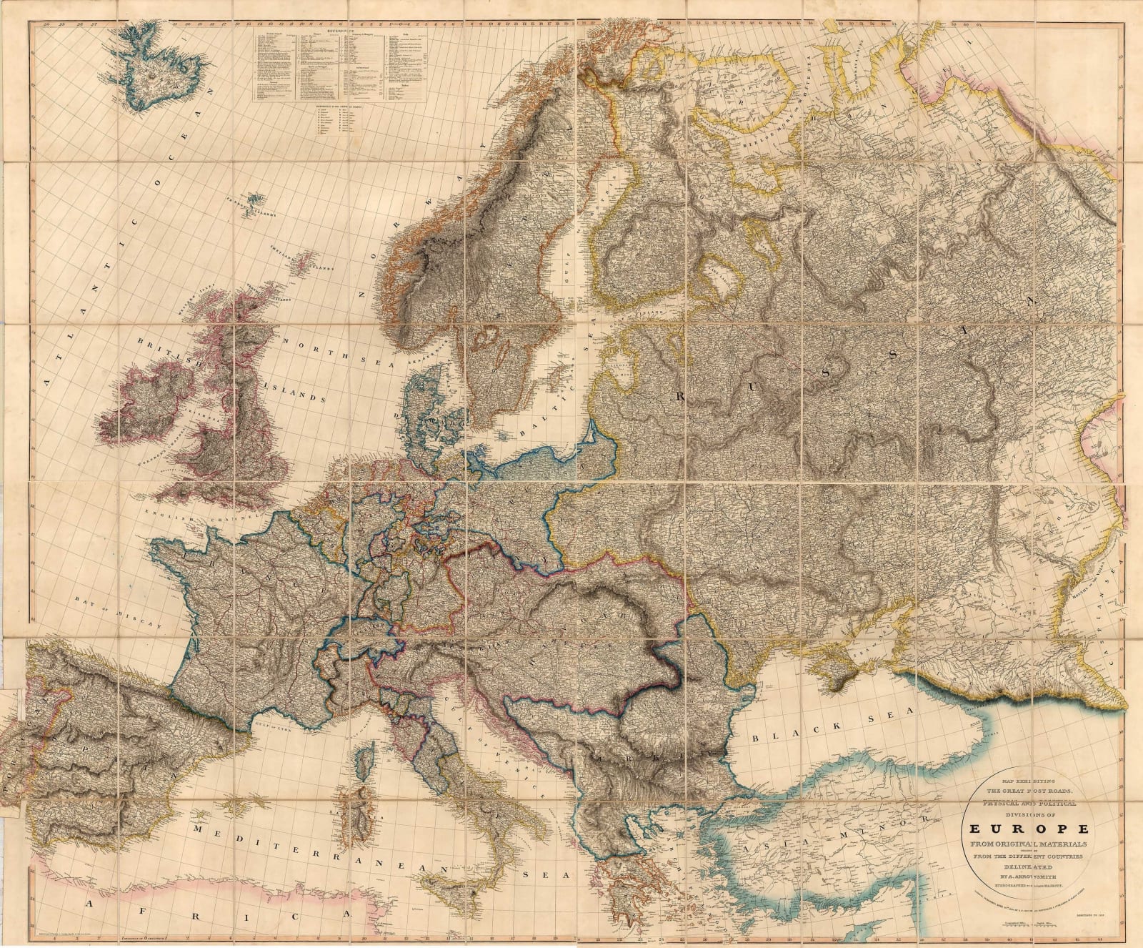 Aaron Arrowsmith, Map Exhibiting the Great Post Roads, Physical and Political Divisions of Europe, 1848