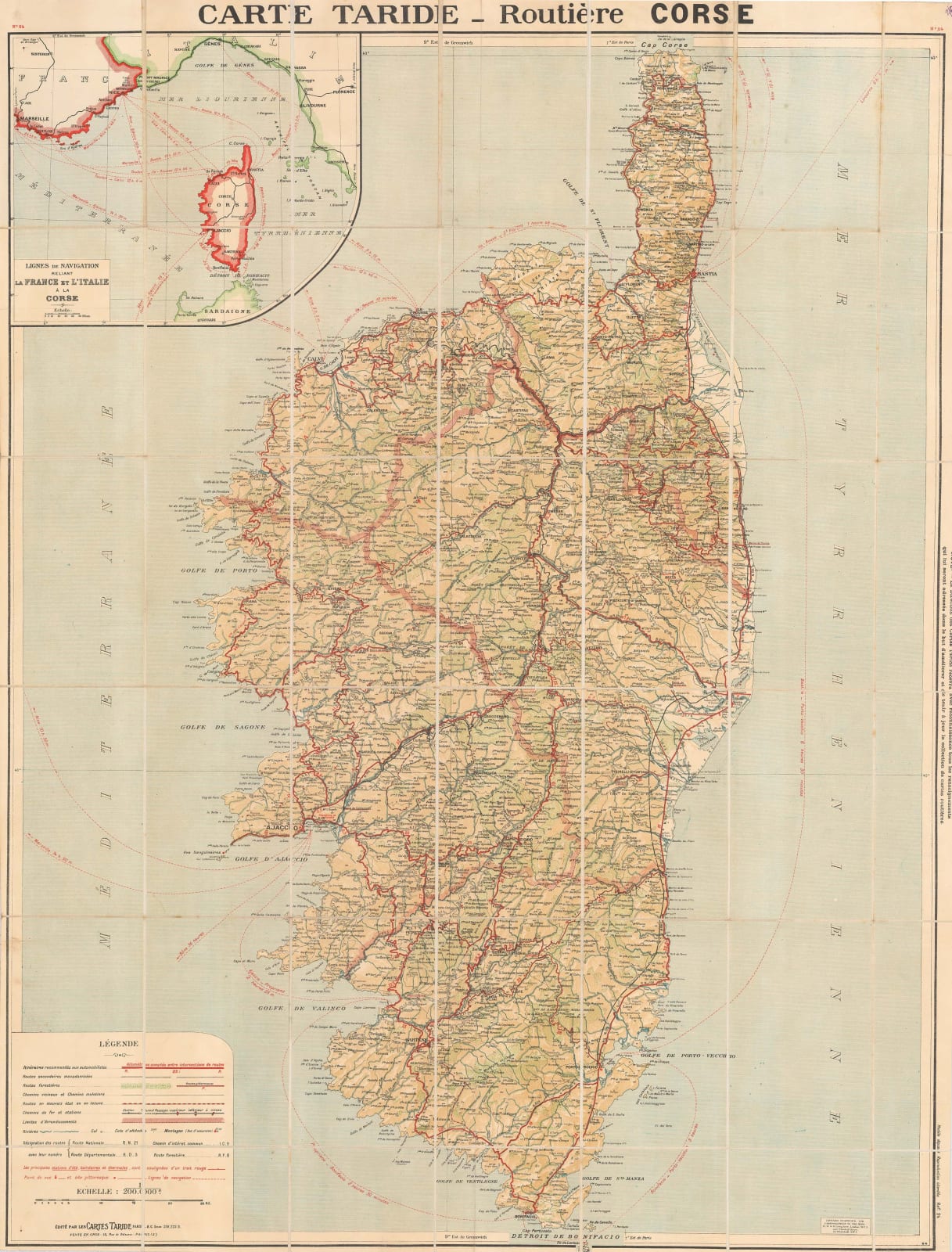 Cartes Tarides, Road map of Corsica, 1922 c.