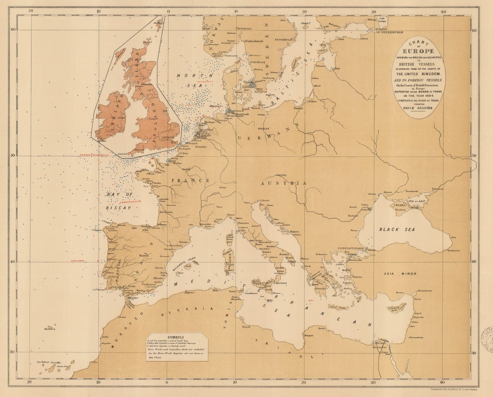 Board of Trade Wreck Register, Chart of Europe Shewing the Wrecks & Casualties to British Vessels Elsewhere than on the Coast of United Kingdom, 1875