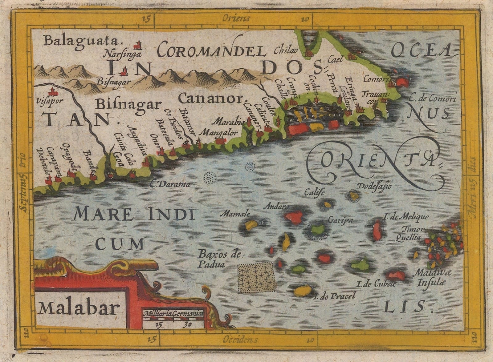 Petrus Bertius, Early miniature map of the Malabar Coast, 1616