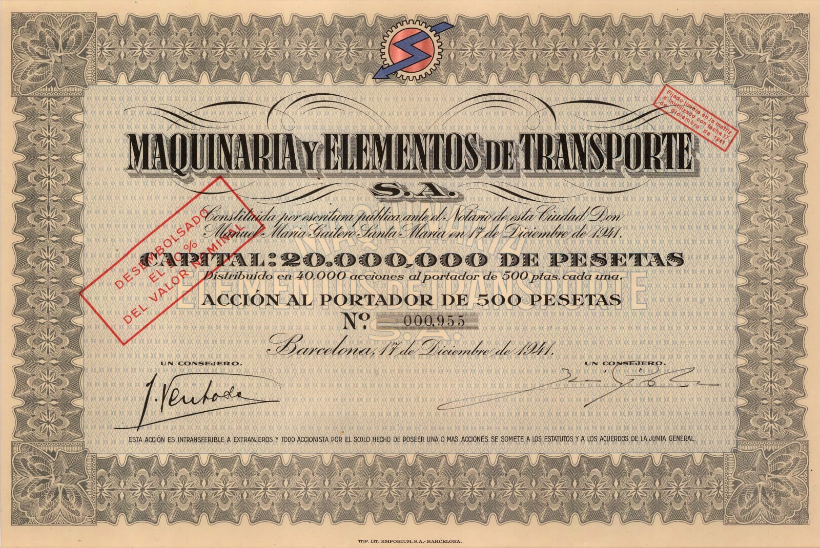 Tip.Lit.Emporium SA, Stocks & Bonds - Spain, Maquinaria y Elementos de Transporte, 1941
