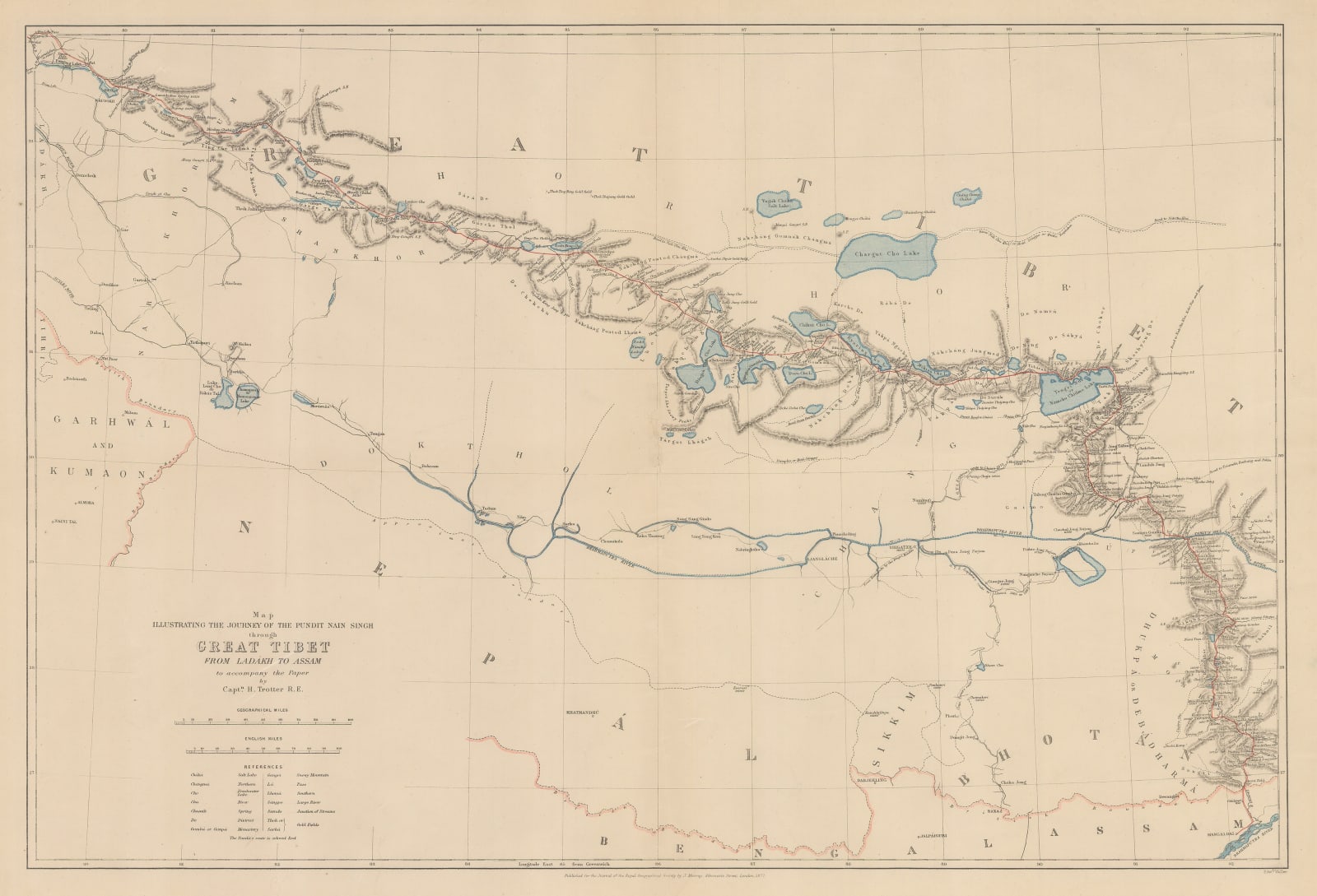 Royal Geographical Society (RGS), Map Illustrating the Journey of the Pundit Nain Singh through Great Tibet, 1877