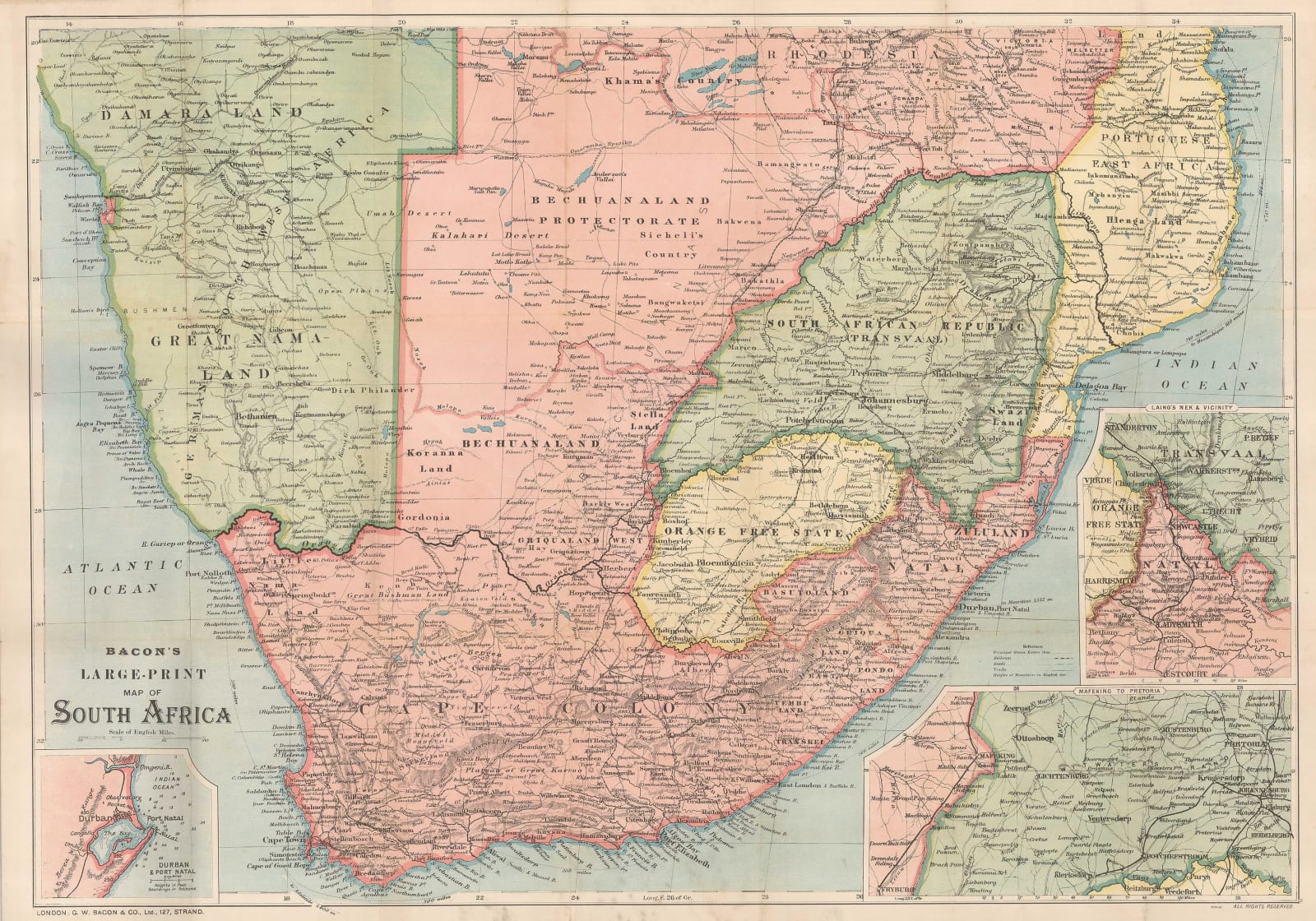 George W. Bacon, Bacon's Large-Print Map of South Africa, 1890 c.
