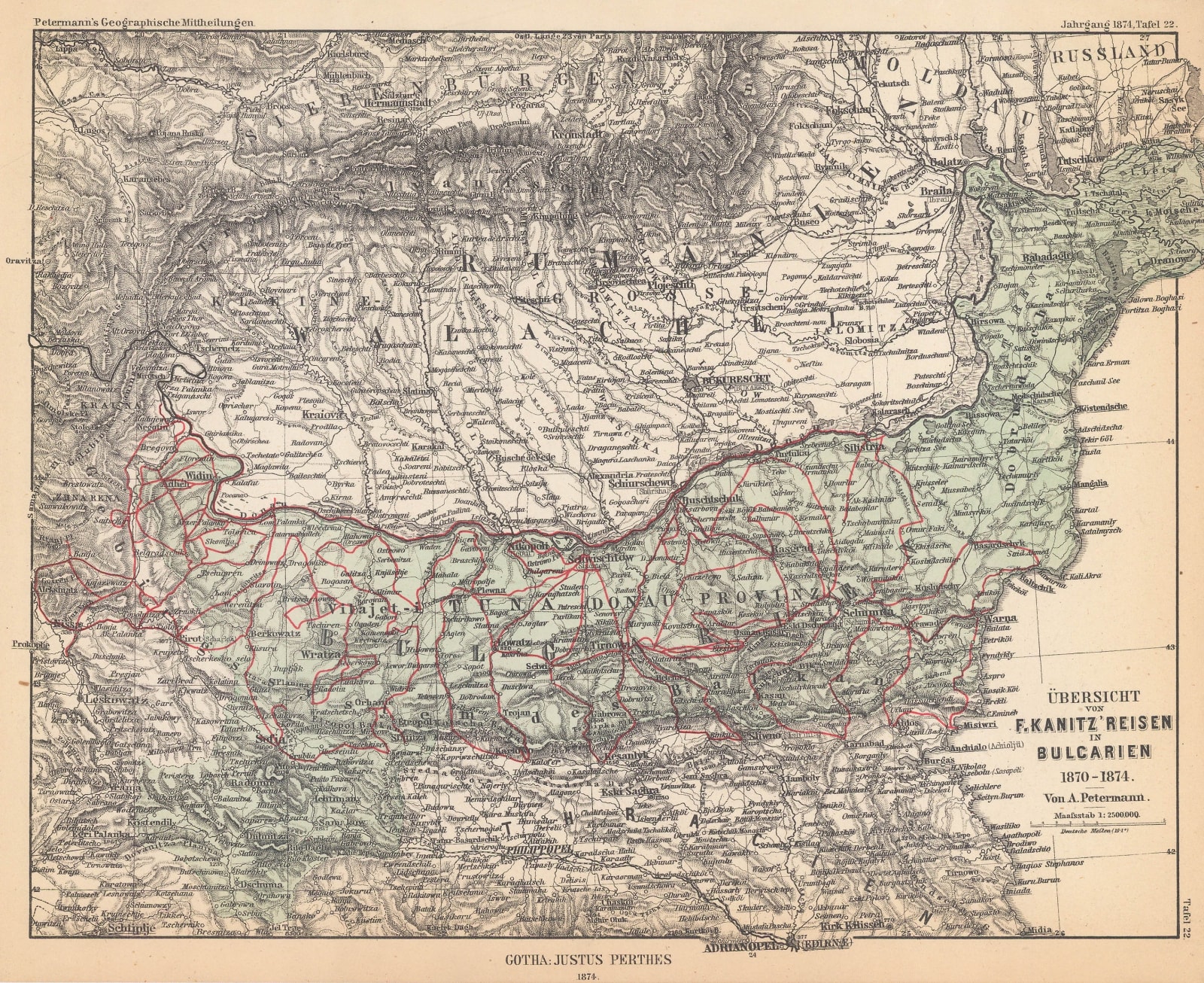 Justus Perthes, Ubersicht von F. Kanitz Reisen in Bulgarien 1870-1874., 1874