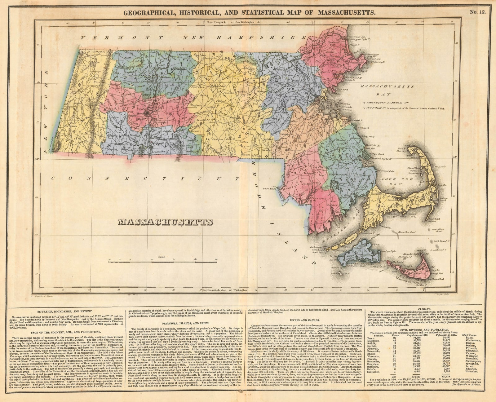 Carey & Lea, Geographical, Statistical and Historical map of Massachusetts, 1822